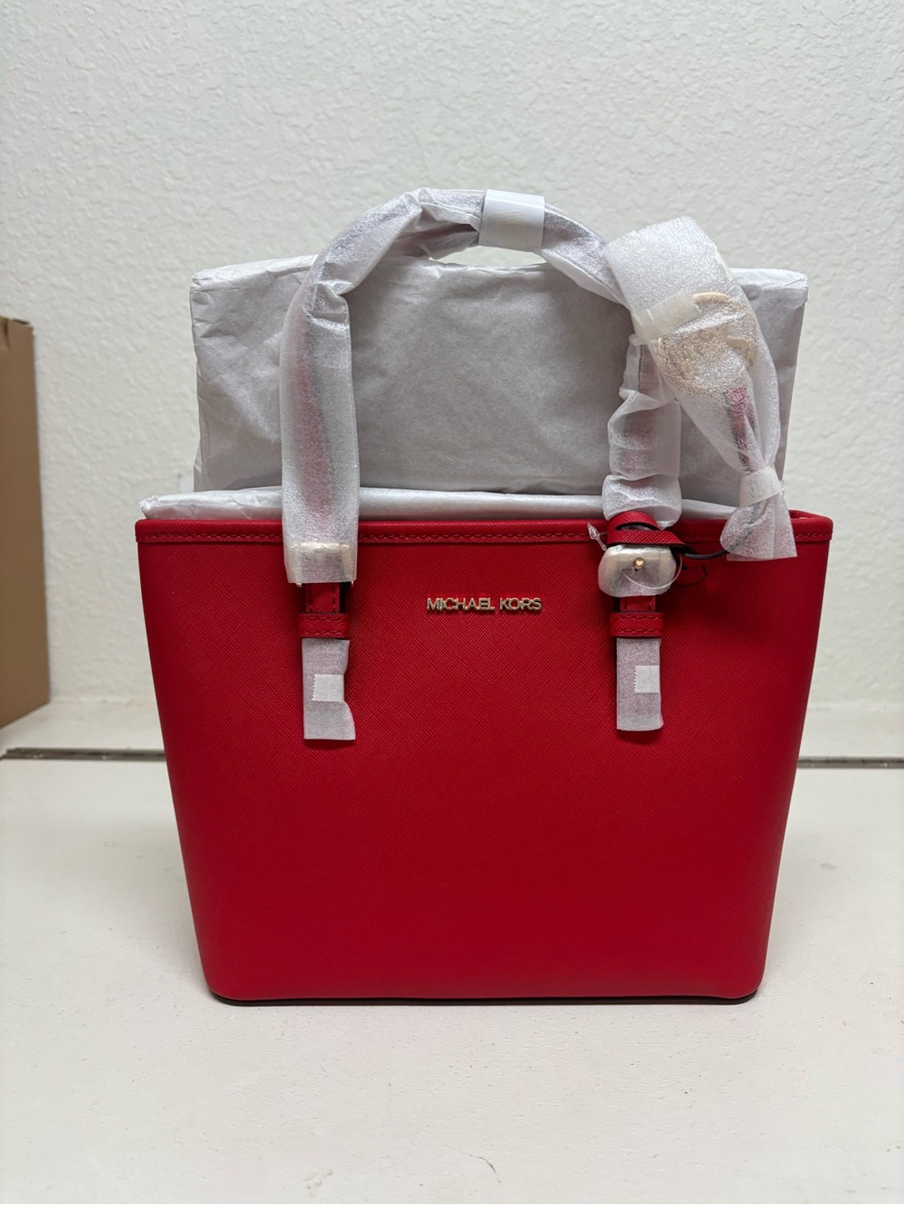Michael Kors Red Saffiano Tote with Gold Hardware